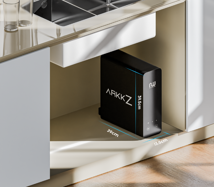 Space-saving reverse osmosis filter fits neatly under sink, delivering pure drinking water at home.